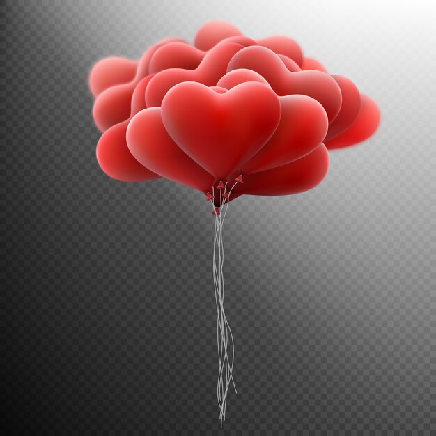 Vector flying bunch of red hearts balloon.