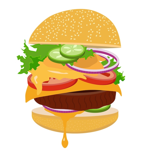 Vettore illustrazione vettoriale di ingredienti di hamburger volanti cheeseburger clippart immagine a cartone animato di fast food