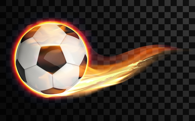 Flying burning soccer or football ball on transparent background.