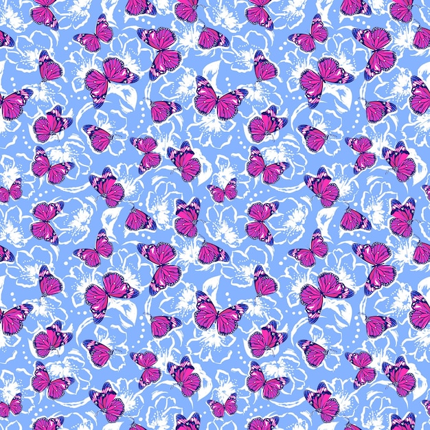 Flying Butterflies Layer on silhouette Flowers leaves Seamless pattern Vector illustration