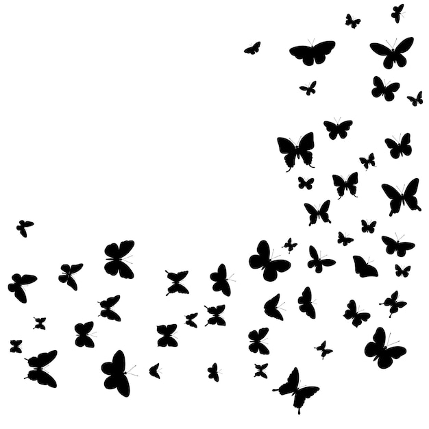 Silhouette di farfalle volanti, su sfondo bianco, vettore