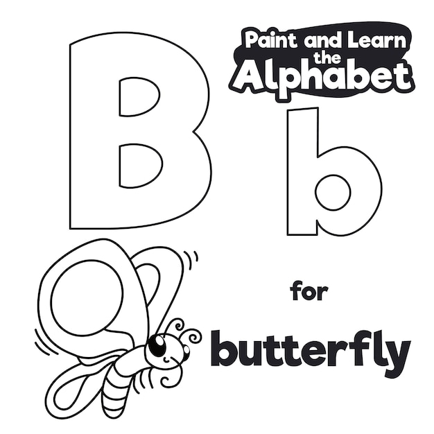 Flying butterfly ready to color it in didactic with alphabet with B letter for easy learning