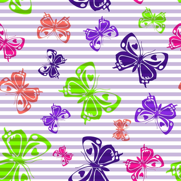 Flying butterfly silhouettes over striped background vector seam