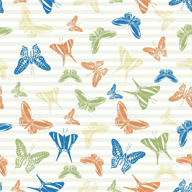 Flying butterfly silhouettes over striped background vector seam