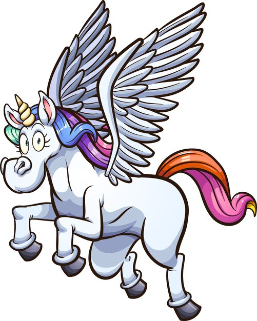 Vector flying cartoon pegasus unicorn.