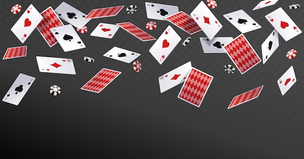 Vector flying casino cards and chips game cards with aces crosses diamonds hearts and spades gambling