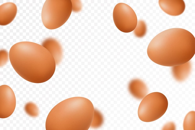 Вектор Летающие куриные яйца изолированы на белом фоне падающие вкусные яйца в коричневой скорлупе. селективный фокус. может быть использован для рекламной упаковки. печать баннеров и плакатов. реалистичный 3d вектор.