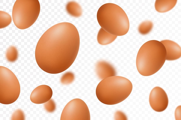 Vector flying chicken eggs isolated on white background falling tasty eggs in the brown shell selective focus can be used for advertising packaging banner poster print realistic 3d vector