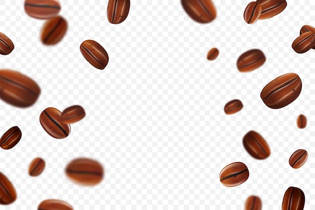 Flying coffee beans background. seamless realistic brightly flying coffee beans with blur effect. 3d realistic illustration. transparent background. vector illustration.