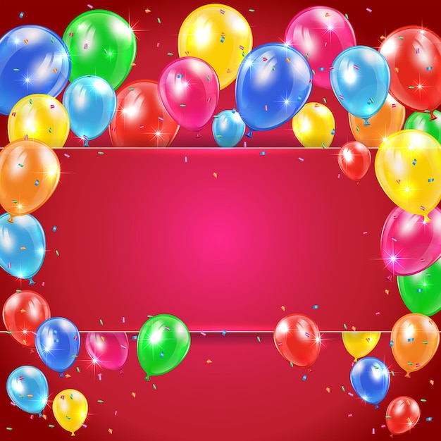 Flying colored balloons on red holiday background with banner illustration