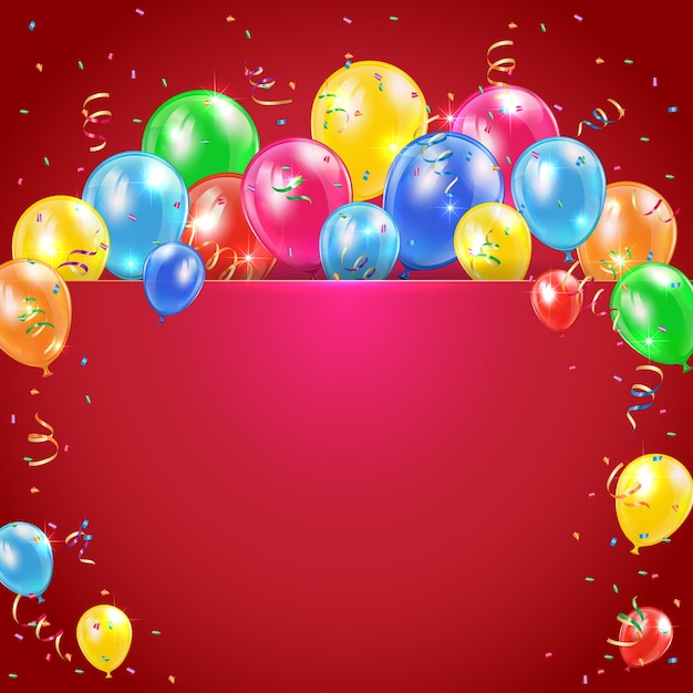 Flying colored balloons on red holiday background with streamer illustration