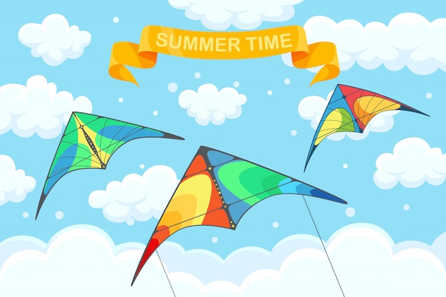 배경에 구름과 하늘에 화려한 연을 비행. 여름 축제, 휴일, 휴가 시간. 카이트 서핑 개념. 삽화. 만화