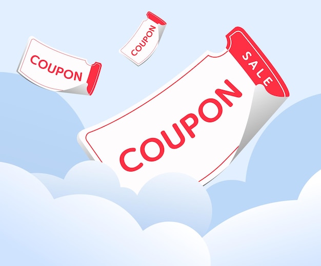 Flying coupon illustration set sale cloud ticket voucher vector drawing hand drawn style