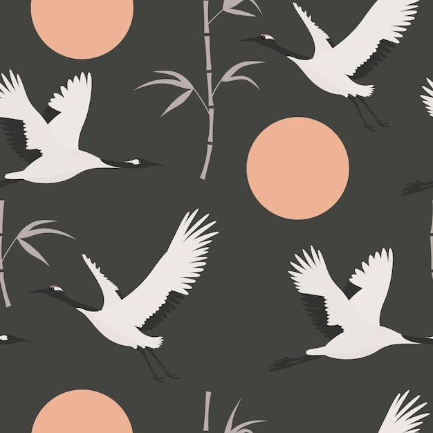 Premium Vector | Flying crane birds and bamboo stems