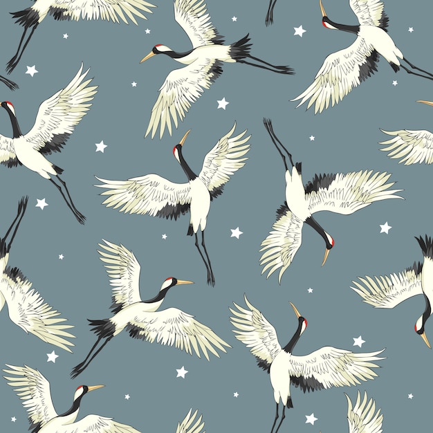 Flying crane seamless pattern