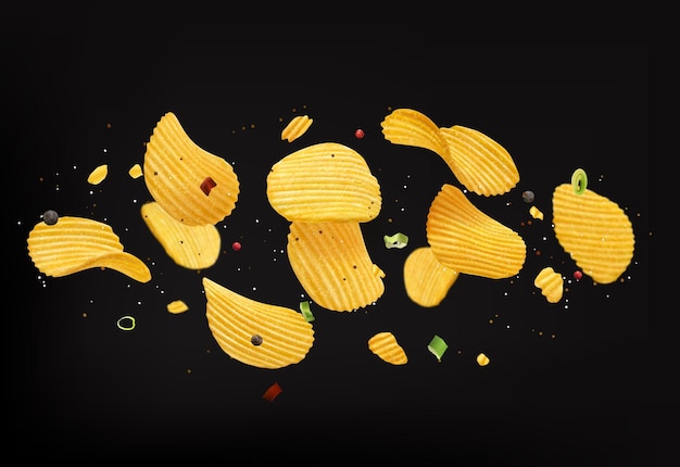 Vector flying crispy ripple potato chips onion spices