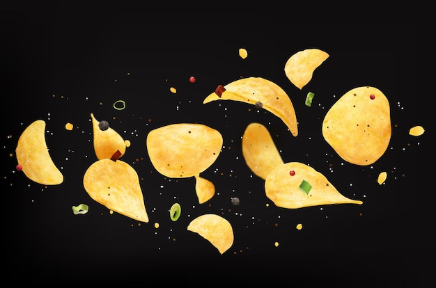 Vector flying crispy wavy potato chips with onion spices