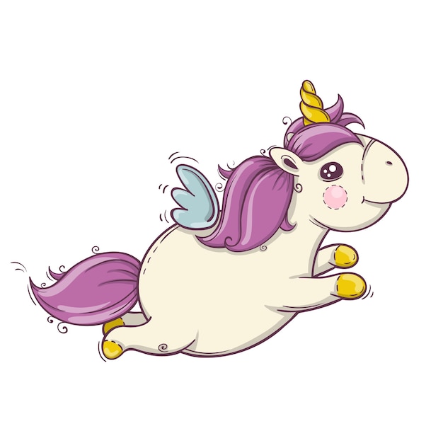 Flying cute unicorn with mane and horn