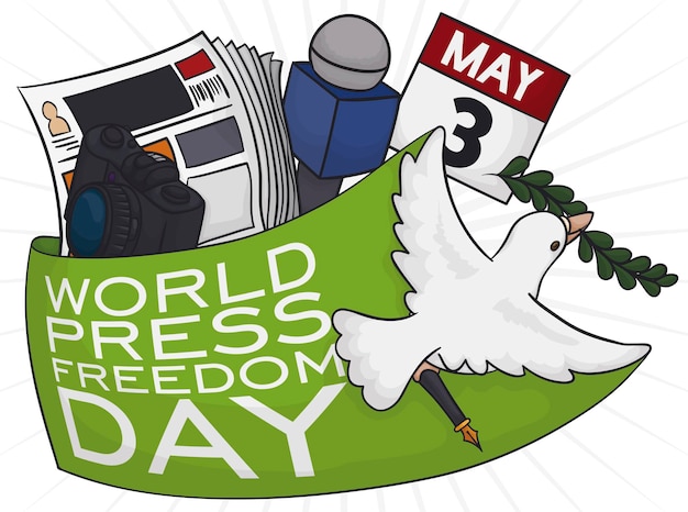 Летящий голубь с оливковой ветвью и ручкой, упаковывающей некоторые элементы для Всемирного дня свободы прессы