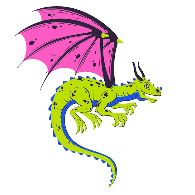 Flying dragon Cartoon winged dragon flying fantasy reptile Fairy tale fire breathing dragon flat vector illustration