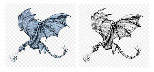 Иллюстрация летающего дракона черные чернила векторный рисунок