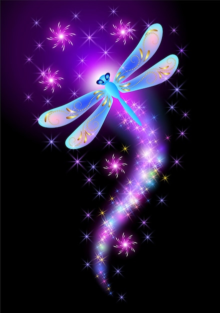 Flying  dragonfly with sparkle and blazing trail and glowing stars