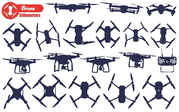 Vector flying drone or delivery drone silhouettes vector illustration
