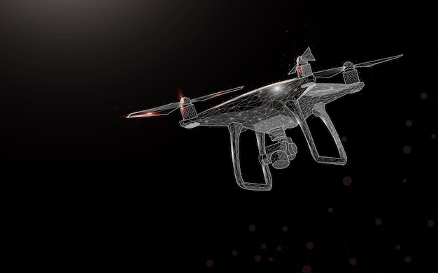 Flying drone with attached camera at wireframe style