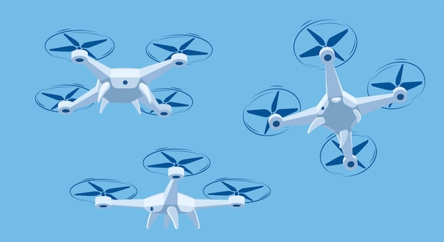 Flying drone with blue sky background vector illustration Cartoon drones flying in different angles