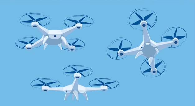 Летающий дрон с векторной иллюстрацией голубого неба мультяшные дроны летят под разными углами