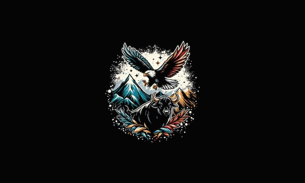 Vector flying eagle and bull on mountain vector artwork design