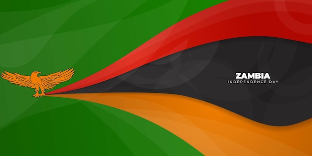 Vector flying eagle with gripping the red black yellow flag on green background for zambia independence day