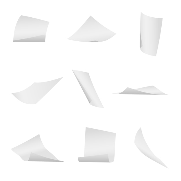 Vector flying, falling office white paper sheets vector set