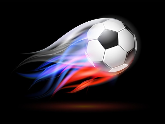 Calcio volante in fiamme. pallone da calcio con la traccia luminosa di tre colori della fiamma della bandiera russa illustrazione vettoriale su sfondo nero.