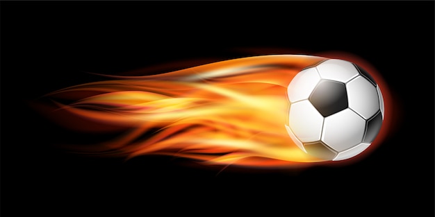 Vector flying football or soccer ball on fire.
