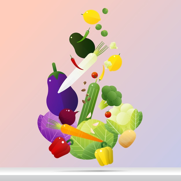 Flying fresh vegetables concept, healthy food background 