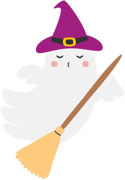 Flying ghost character in witches hat and a broomstick