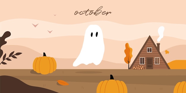 Flying Ghost October Autumn Fall landscape Cute house Vector illustration