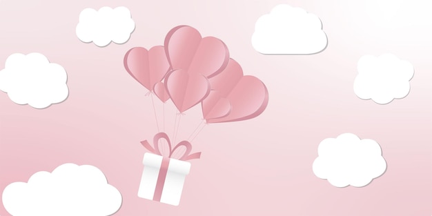 Flying gift box with bunch of heart balloons in the sky valentin's day heart form design element