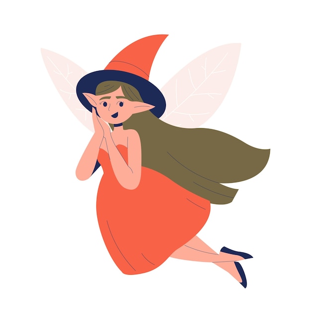 Vector flying happy fairy wearing red dress