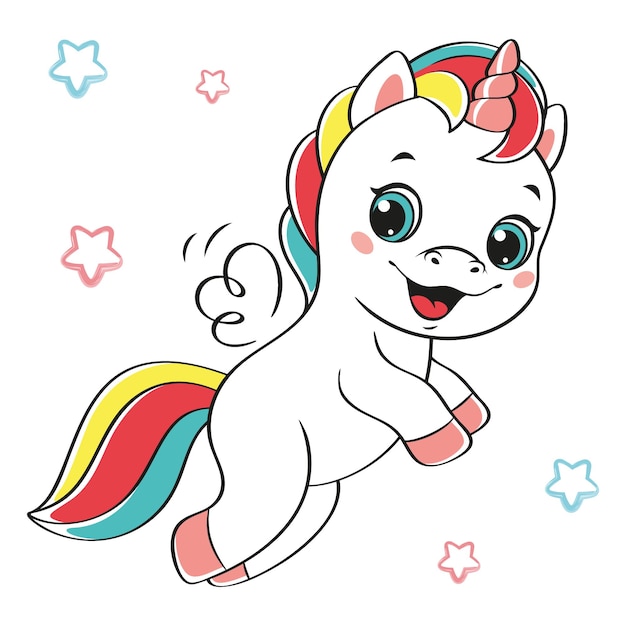 Flying happy unicorn on white background