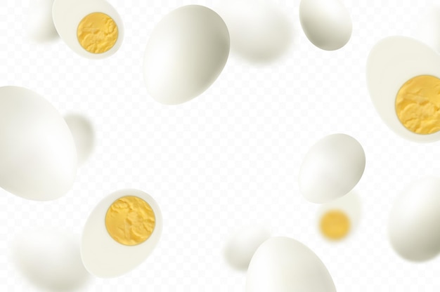 Вектор Летающие яйца вкрутую изолированы на белом фоне падающее вкусное вареное куриное яйцо целиком и ломтиками может быть использовано для рекламной упаковки баннеров печать плакатов реалистичный 3d вектор