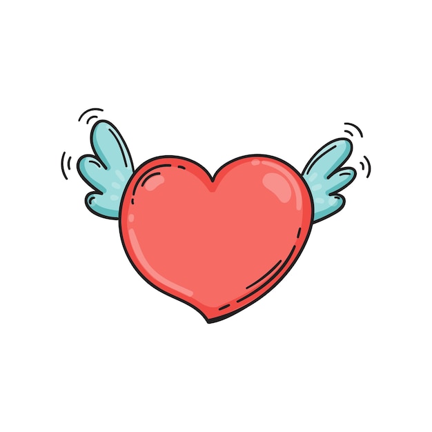 Flying heart with wings in doodle style.