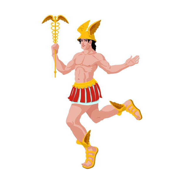 Hermes volante con caduceo dorato l'antico dio greco del commercio e della fortuna illustrazione vettoriale
