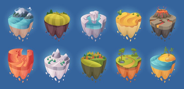 Vector flying islands isometric game backgrounds nature fantasy landscapes oceans rivers trees and rocks exact vector illustrations