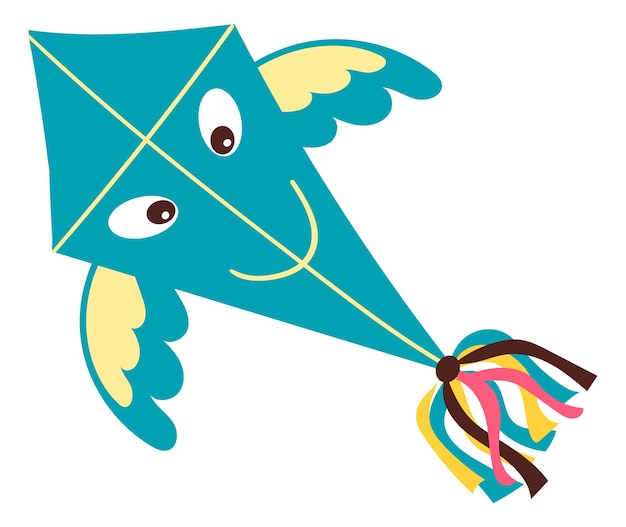 Flying kite Blue paper toy with ribbon tail and funny face Makar Sankranti celebration Summer festival Isolated object hovering in sky Outdoor leisure Vector carnival entertainment