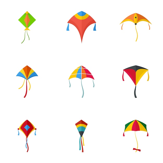 Flying kite icon set. Flat set of 9 flying kite icons 