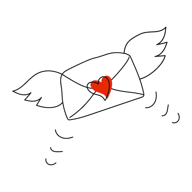 Flying letter with wings Valentine Doodle illustration Isolated on white background