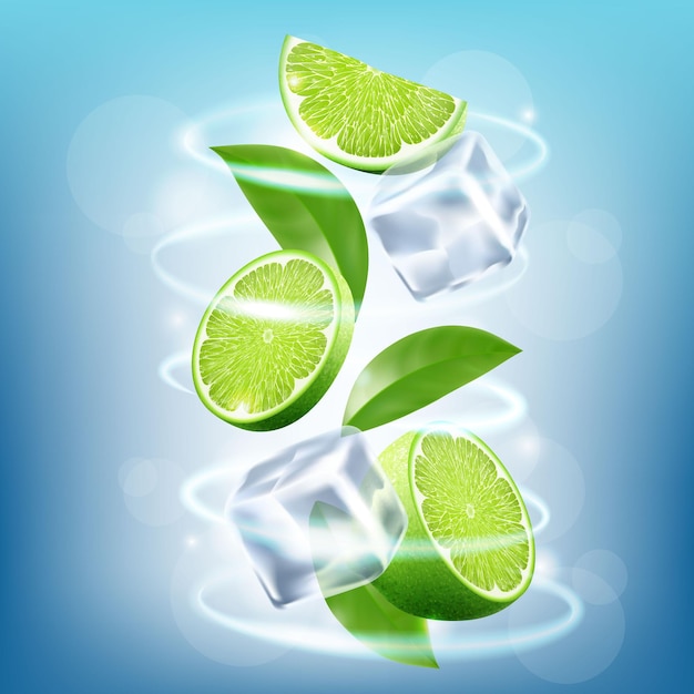 Flying lime slices with ice cubes and leaves isolated on blue background concept of summer refreshments Realistic 3d vector illustration