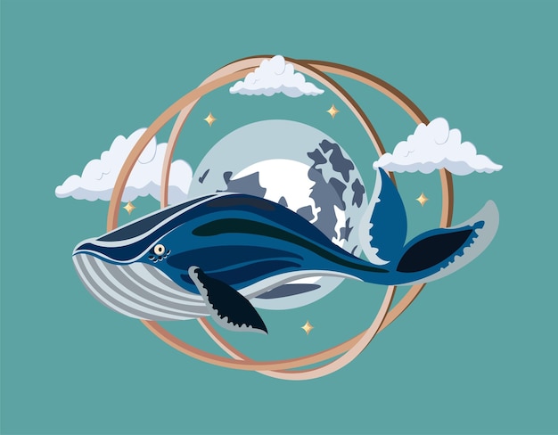 Vector flying marine blue whale in the clouds against the background of stars and planets